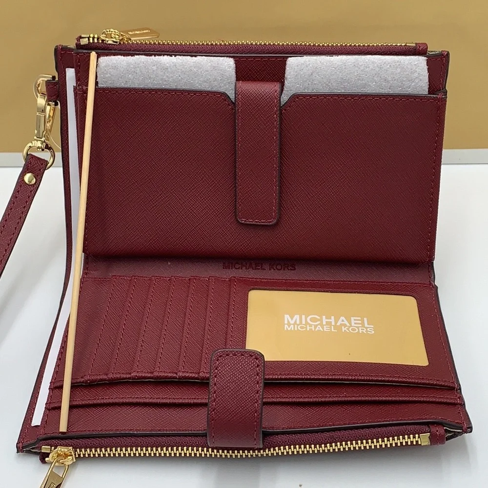 MICHAEL KORS LARGE DOUBLE ZIP WRISTLET WALLET DARK CHERRY COLOR MERLOT M… - Picture 3 of 16